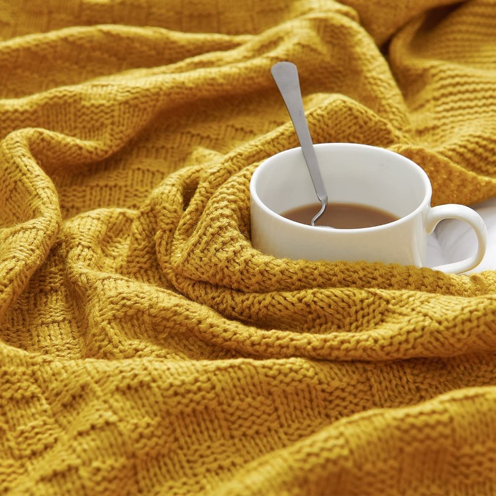 Waffle Knit Cable Knit Weave Square Pattern Decorative Bed Warm Accent Blanket - Picture 4 of 7